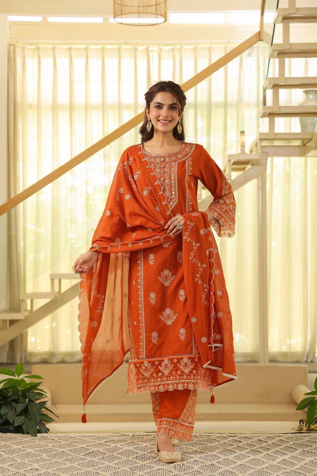 Rust Orange Kesar Suit  Set (Set of 3)